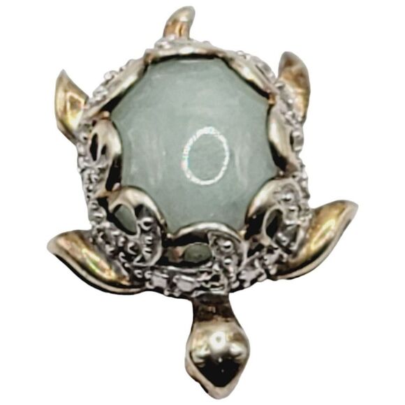 Sterling Silver 925 Vermeil Turtle Necklace Pendant Natural Jadeite and Diamonds - Picture 6 of 13